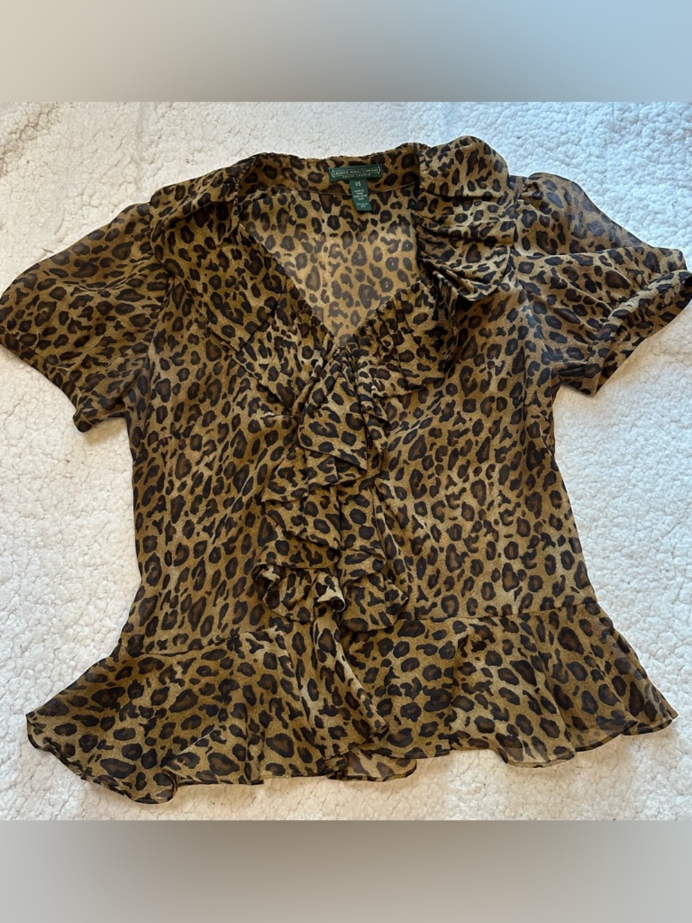 Ralph Lauren Womens Puff Short Sleeve Shirt Leopard Print Ruffle Blouse Silk XS